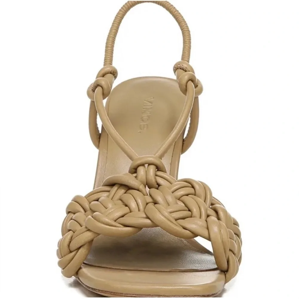 Vince braided leather “Quenelle” slingback heeled strappy sandals in “dune” tan